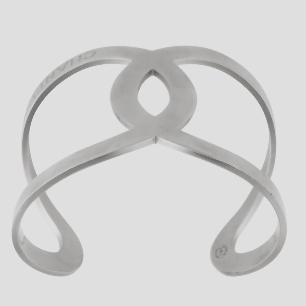 CHANEL interlocking CC Silver tone Metal Open Cuff Bracelet + dust bag - Picture 2 of 9